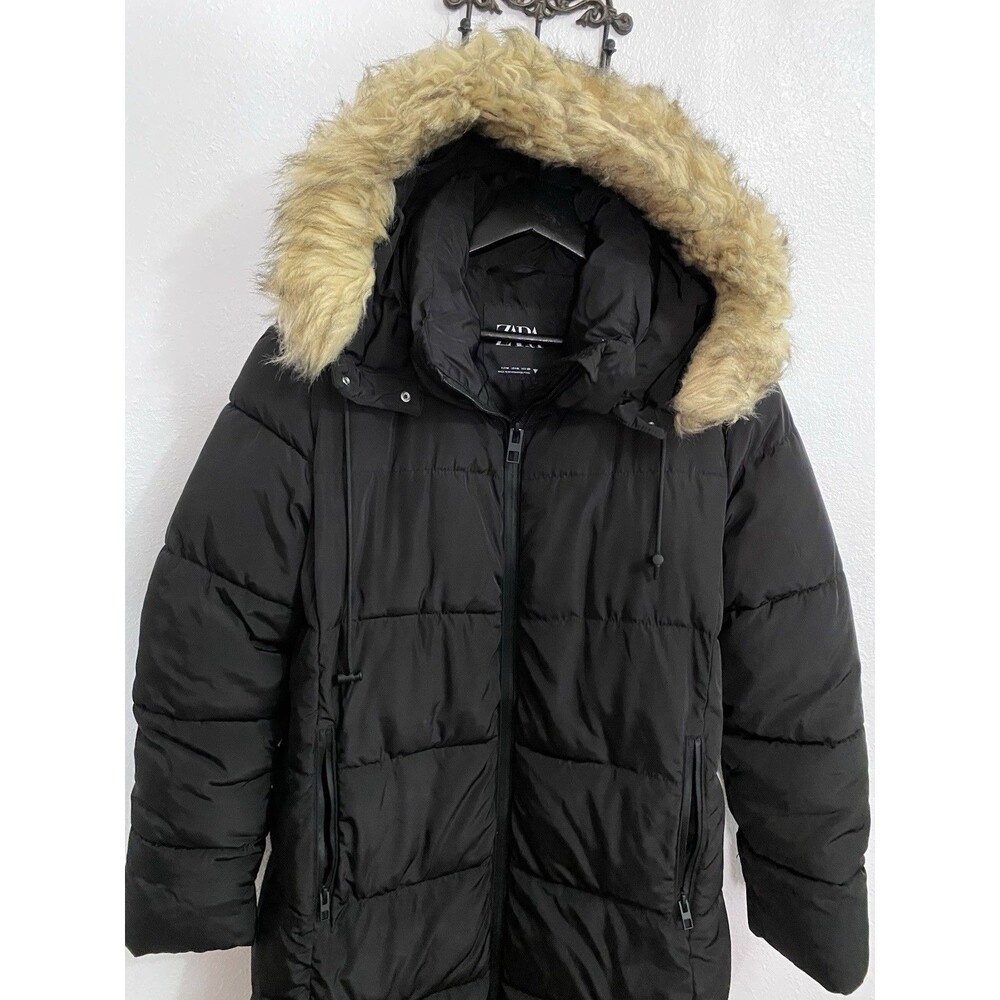 Zara Women’s Mid Length Fur Trim Black Puffer Coat Jacket Sz M Medium